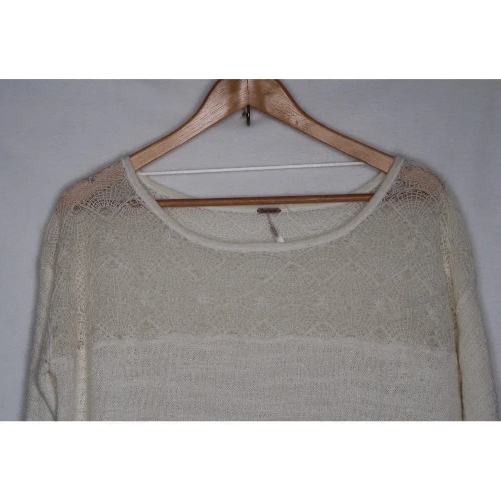 Free People Lace Knit Tunic Sweater Women's S Cream Boho Flowy Coquette Top